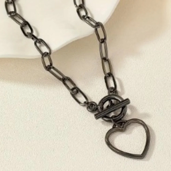 Jewelry - Hollow Heart Pendant Necklace Gun Black OT Buckle Chain, Minimalist
